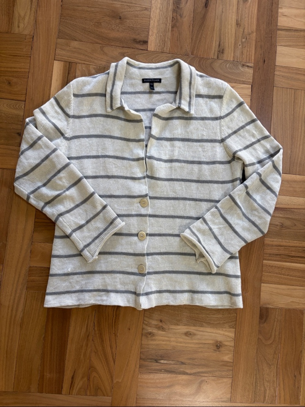 Eileen Fisher Cream and Gray Striped Button-Up Cardigan Sz S